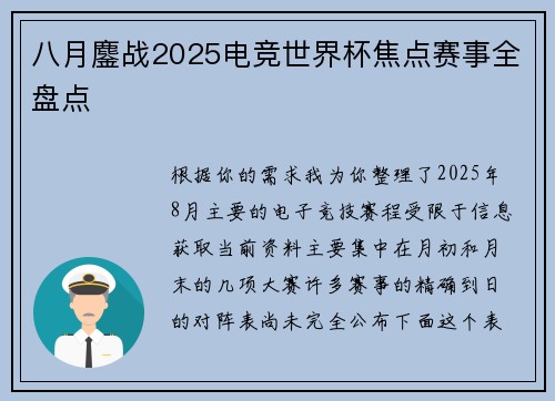 八月鏖战2025电竞世界杯焦点赛事全盘点 